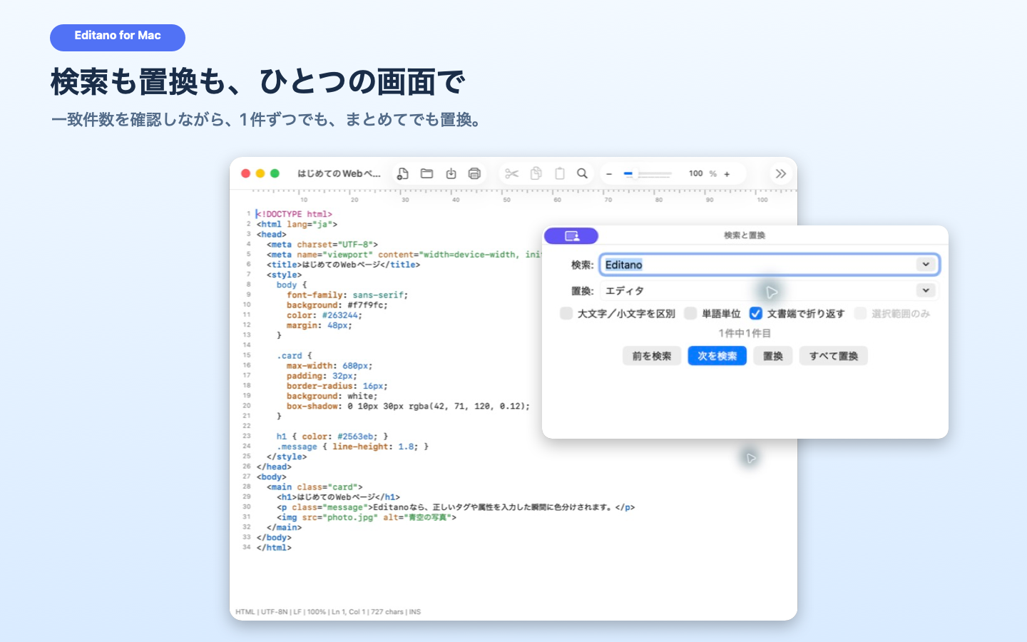 Editanoの検索と置換画面